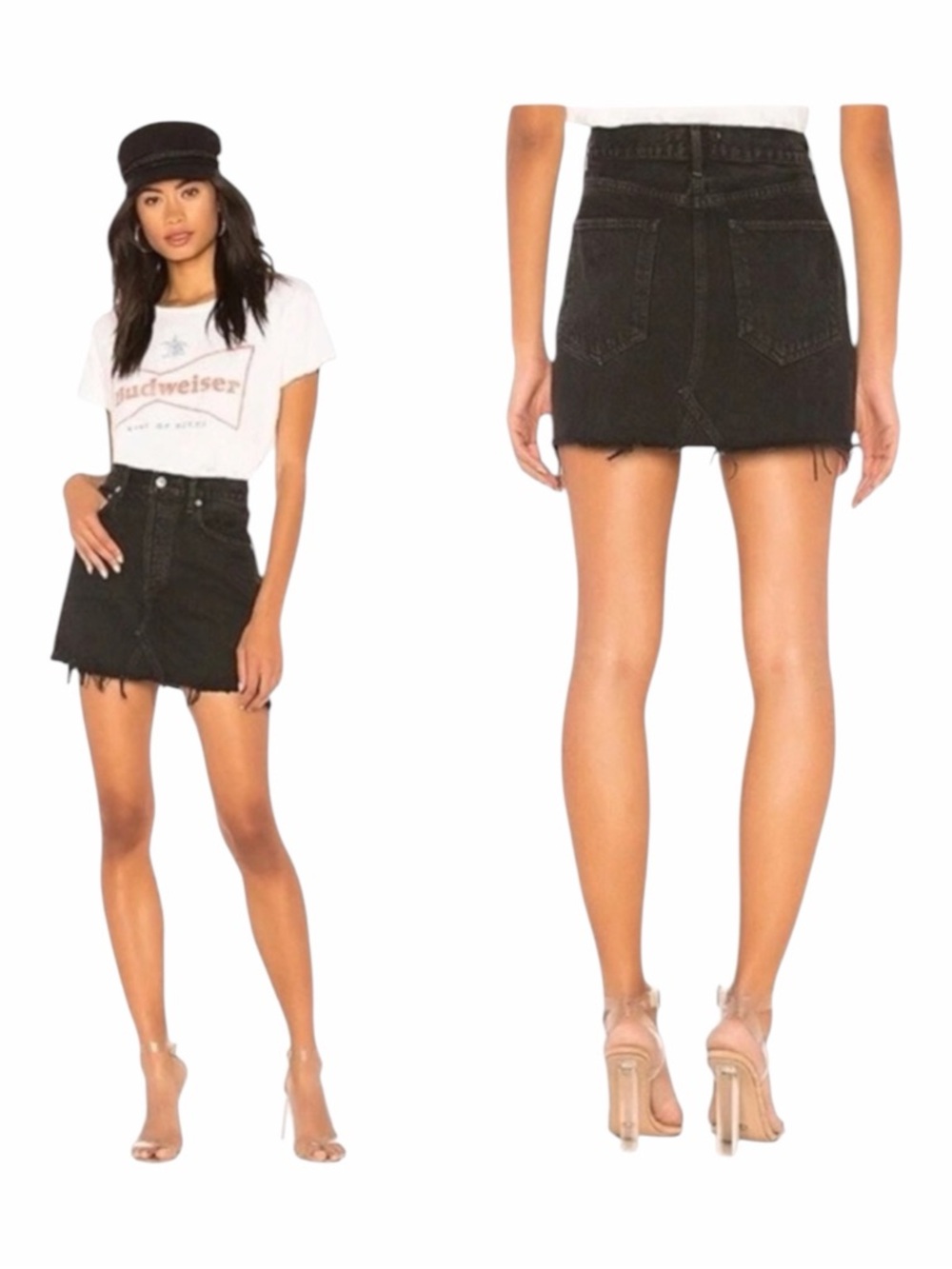 AGOLDE Skirt Women 26 Black Denim Quinn High Rise A Line Mini Jean Frayed Hem
